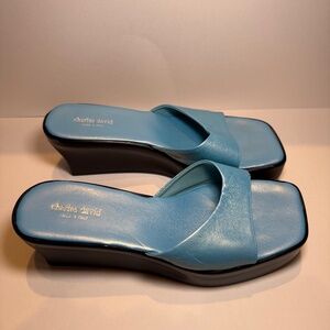 CHARLES DAVID Leather Platform Wedge Heel Sandals Size 8 Light Blue Slides y2k
